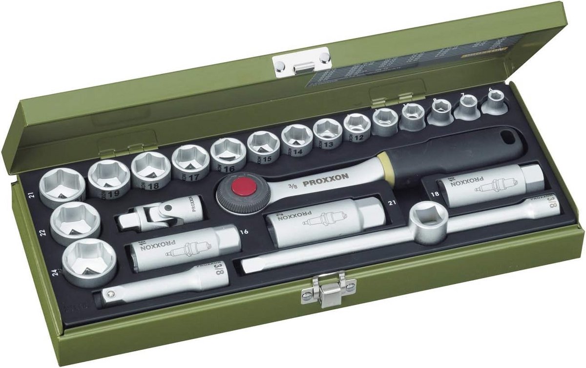 Steeksleutelset 3/8 inch schakelratel 24-delig met stalen kast