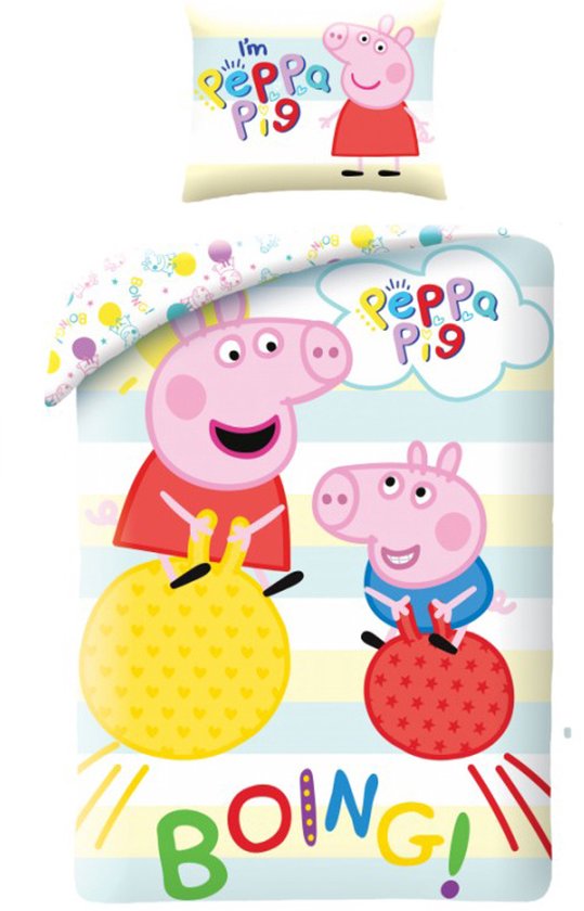 Housse de couette avec Peppa et George Pig sur des balles rebondissantes. Texte 'BOING!' en lettres colorées.