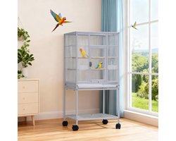 XXL Vogelkooi Grasparkieten Kanarie met zitplaats en accessoires met verrijdbare standaard - wit- 48x46x103CM