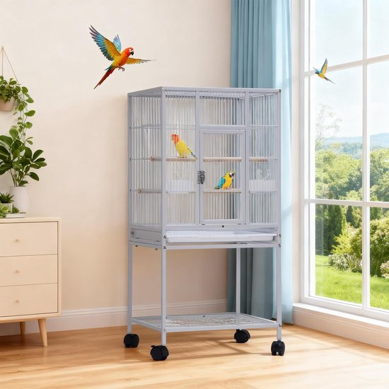 XXL Cage à Vogel Perruches ondulées Canari avec perchoir et accessoires avec support roulant - blanc - 48x46x103 cm