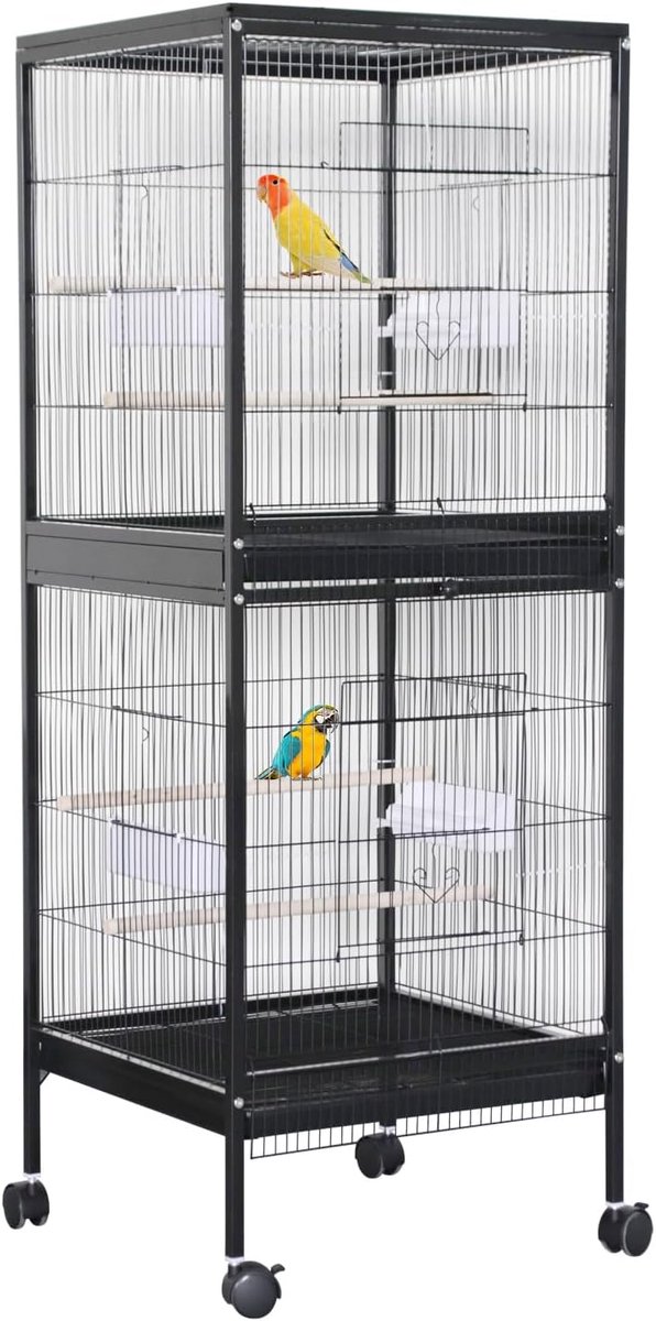 Vogelkooi met houten zitstokken - Zwarte metalen parkietenkooi met uittrekbare lade, drinkfles & voerbak, op wielen, voor kleine en middelgrote vogels - 50x50x140CM