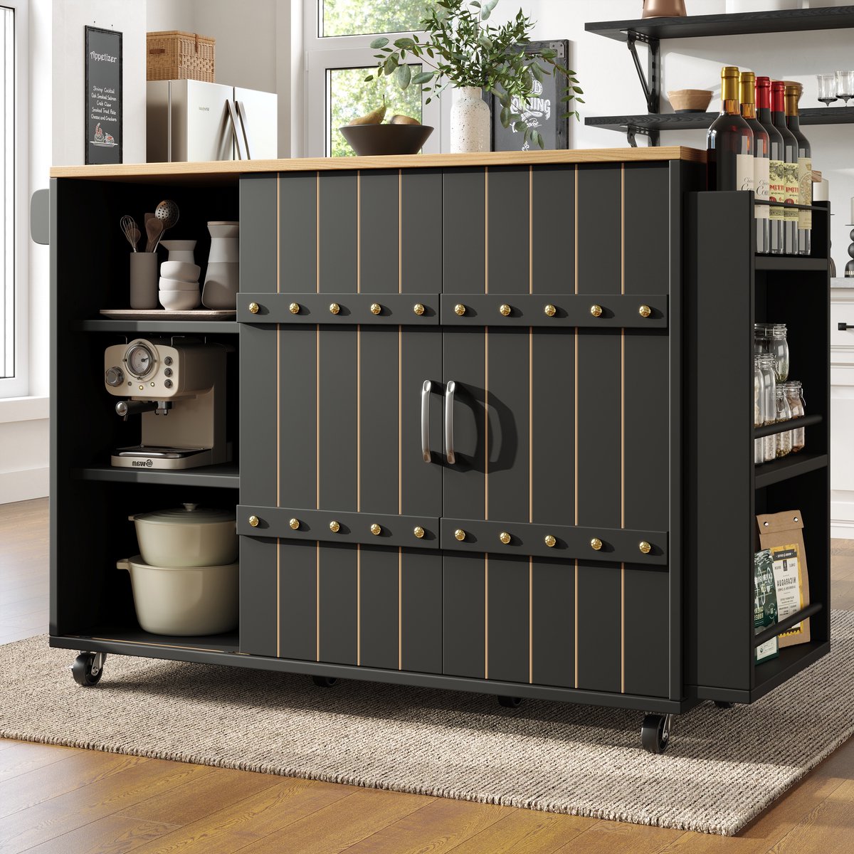 OKWISH Keukeneiland – Serveerwagen Met Opklapbaar Werkblad – 3 Lades, 2 Schuifdeuren – 110×42×90 cm – Met Wielen En Handdoekhouder – MDF Zwart