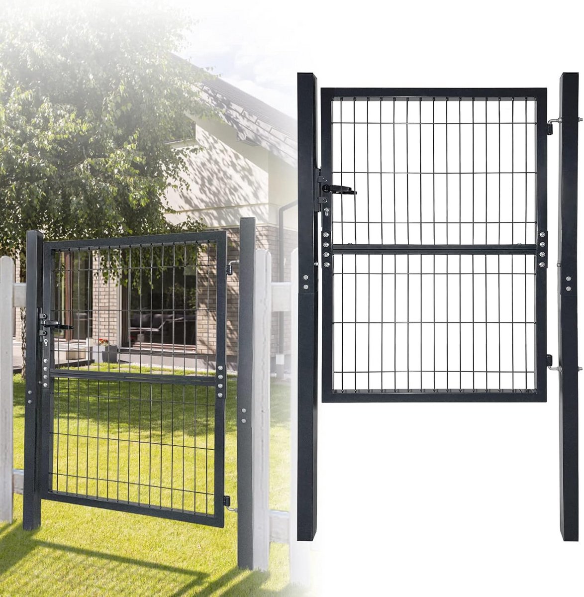 Metalen dubbele tuinpoort 125x100 cm Antraciet Hekwerk Inclusief Slot en Klink