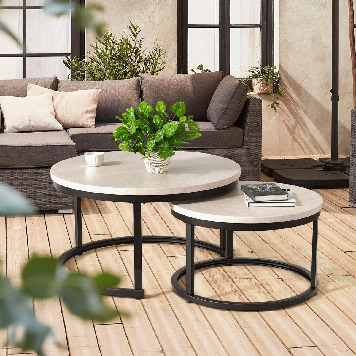 Moderne Ronde Salontafel – Nestbare Bijzettafel met Houtlook Tafelblad en Metalen Frame, Ruimtebesparend Design voor Woonkamer en Kanto,Beige