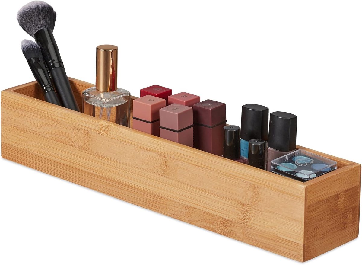 Famanu - Bamboe opbergbox langwerpig 38 cm, organizer voor badkamer, keuken en bureau, opbergdoosje voor accessoires, naturel
