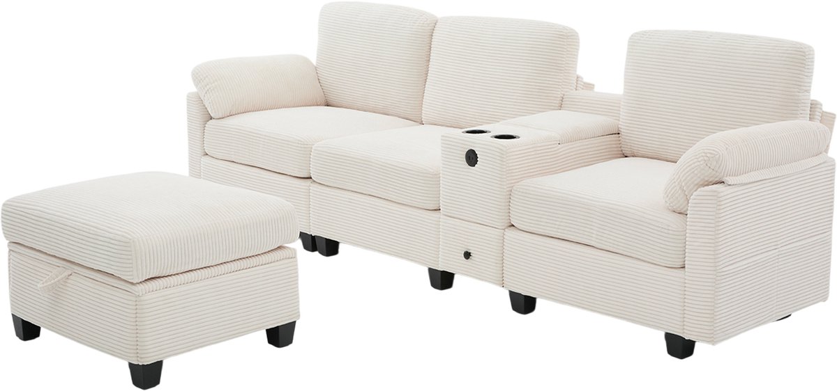 Grote corduroy bank met comfortabel schuim. Kenmerken: Verwijderbare middenconsole (2 bekerhouders + opbergruimte), USB-C-poort, zijvak, opberglade, verplaatsbare opbergpoef. Voor comfort en functionaliteit.