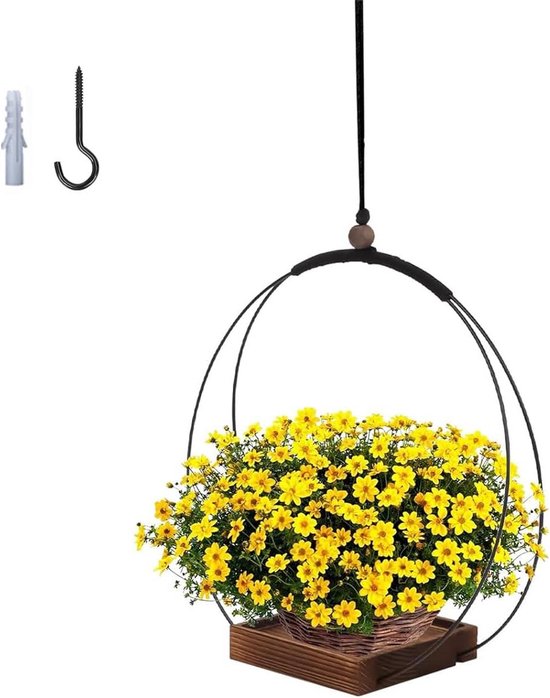 Hangende Plantenpot Zwarte Metaal Ringen met Houten Basis 32 cm - Ronde Hangmand voor Binnen, Ideaal voor Kleine en Middelgrote Planten (Zwart)