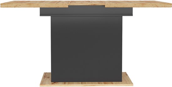 Houten tafelblad op een donker H-vormig onderstel, op een houten sokkel.