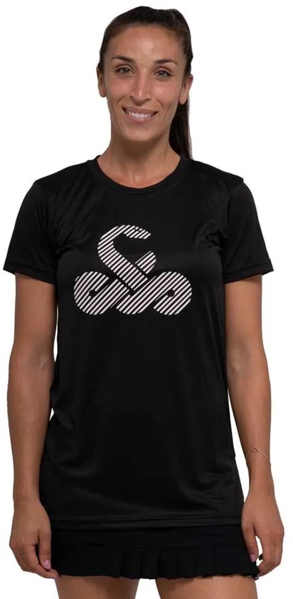 Zwart Vibor-A T-shirt met korte mouwen en een witte, gestreepte 'Vibor-A' print op de borst.