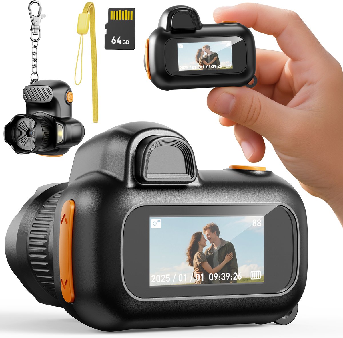 Mini sleutelhangercamera - HD 1080P - kleine camera - met 64GB TF-kaart - Fotografiegeschenken - Kleine Camerasleutelhanger - geschikt voor tieners, volwassenen, kinderen en beginners in fotografie -Het perfecte cadeau - zwart