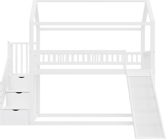 Lit enfant - lit superposé 90x200 cm - lit mezzanine avec toboggan et échelle de rangement - clôture haute - bois massif - blanc - sans matelas