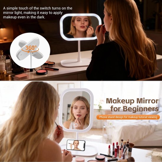 Een vrouw brengt make-up aan met een spiegel en penseel. De spiegel is een make-up spiegel voor beginners met telefoonstandaard.