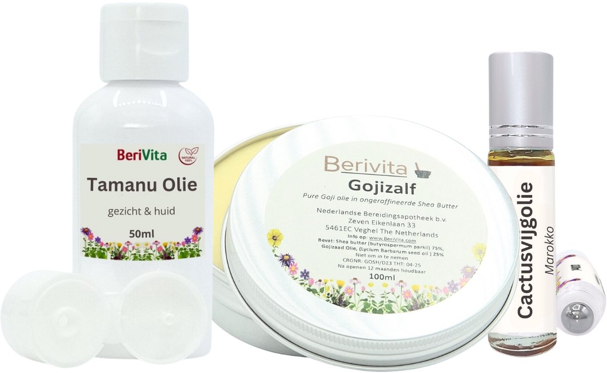 Huidverzorging Rijpere Huid Set - 100% Natuurlijk - Cactusvijgolie 10ml Roller, Tamanu Olie 50ml, Goji Zalf 100ml - Voor Rijpere, Oudere Huid