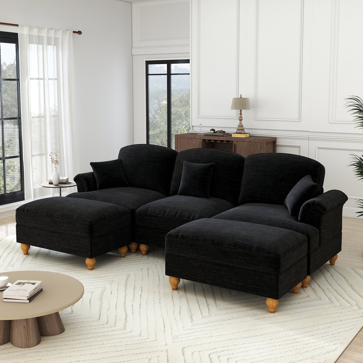 Gutent-Bank Klassieke modulaire U-vormige chenillebank met trechtervormige armleuningen, afneembare gegolfde rand, spilvormige poten en verplaatsbare poef – Zachte, diepe, wolkachtige bank voor de woonkamer, zwart