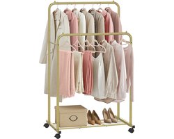 MAZAZU Luxe Dubbel Kledingrek Goud - Verrijdbaar op Wielen - Metaal - 158 cm Hoog - Met Schoenenrooster - Hotel Chique Garderobe - Belastbaar tot 45 kg