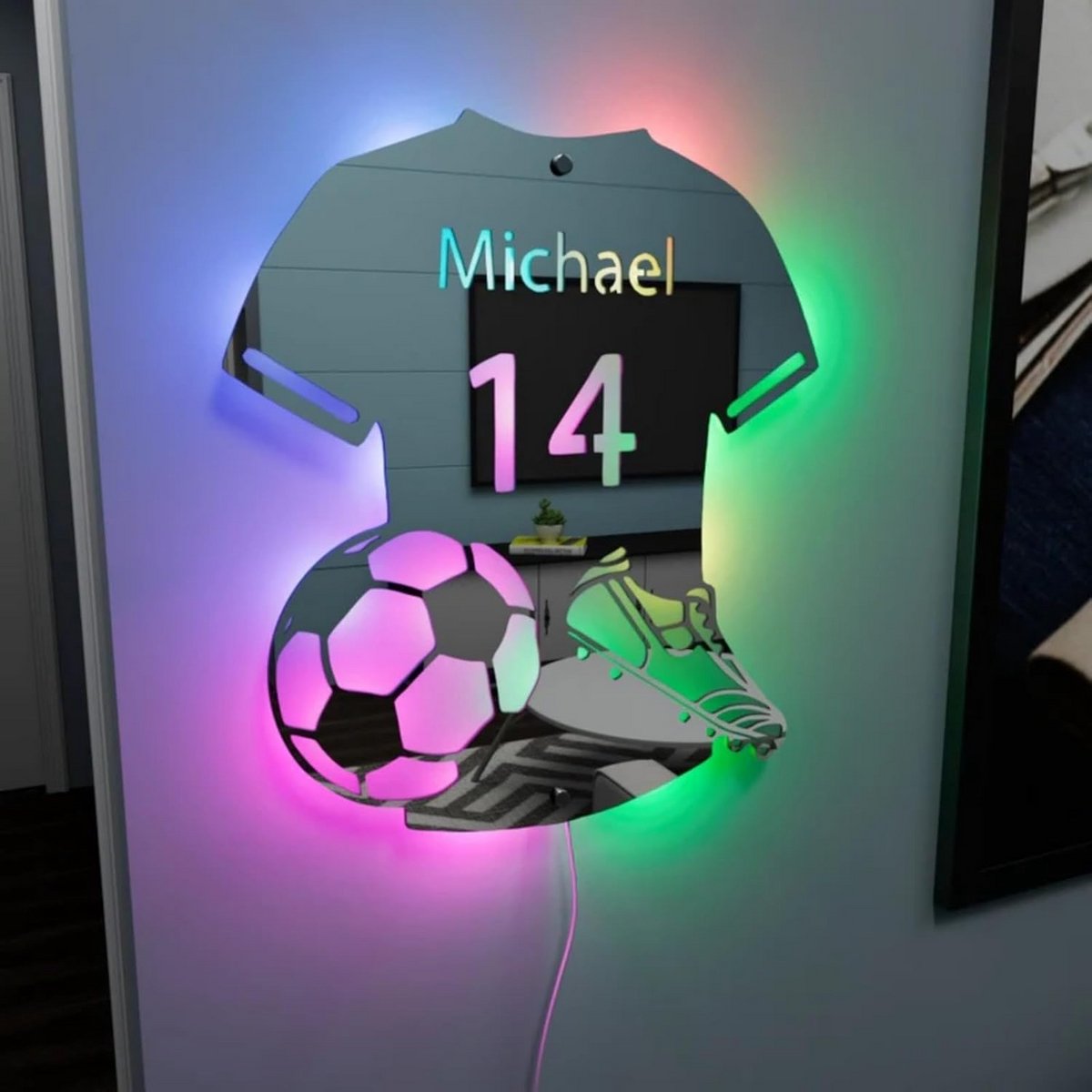 Gepersonaliseerde Voetbalshirt Spiegel met LED Verlichting - Naamwanddecoratie