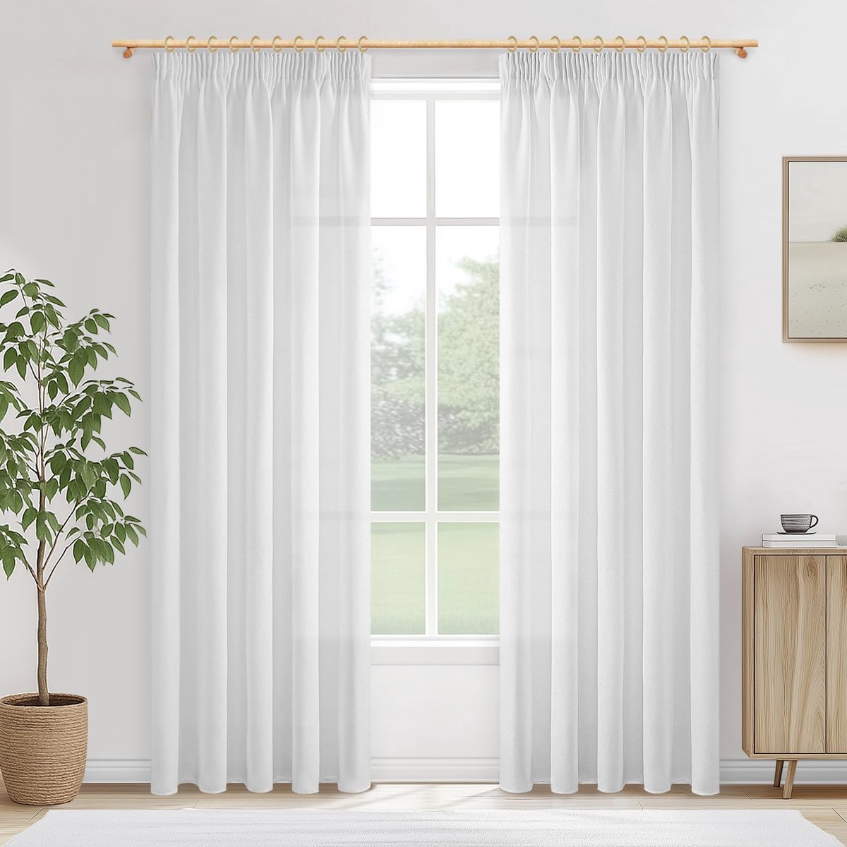 Unyqoos Set van twee stijlvolle witte gordijnen met linnenlook voor woonkamer en slaapkamer