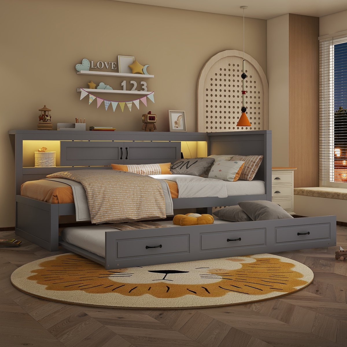REDOM Bedframe 90x200 cm – Daybed met uitschuifbed, LED-verlichting & USB – Spaanplaat/MDF