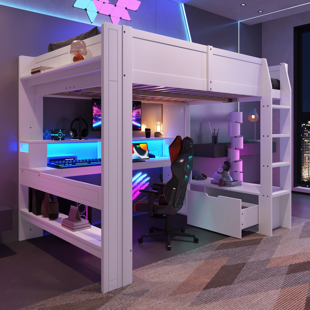 MODFU Ledikant 140x200 cm van massief grenen en MDF, met geïntegreerd bureau, lades en 16-kleur LED, wit