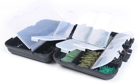 Een set met 420 visaccessoires, waaronder een opbergdoos, wartelringen, karabiners, haken en loodjes. van Merkloos — afbeelding 4