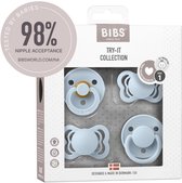 BIBS Speen, verpakking van 4 stuks. Proefpakket om uit te proberen. BPA-vrij, Ronde, symmetrische en anatomische speen. Natuurlijk rubberlatex / Siliconen, Gemaakt in Denemarken. 0+ maanden (Verpakking 4 stuks), Baby Blue