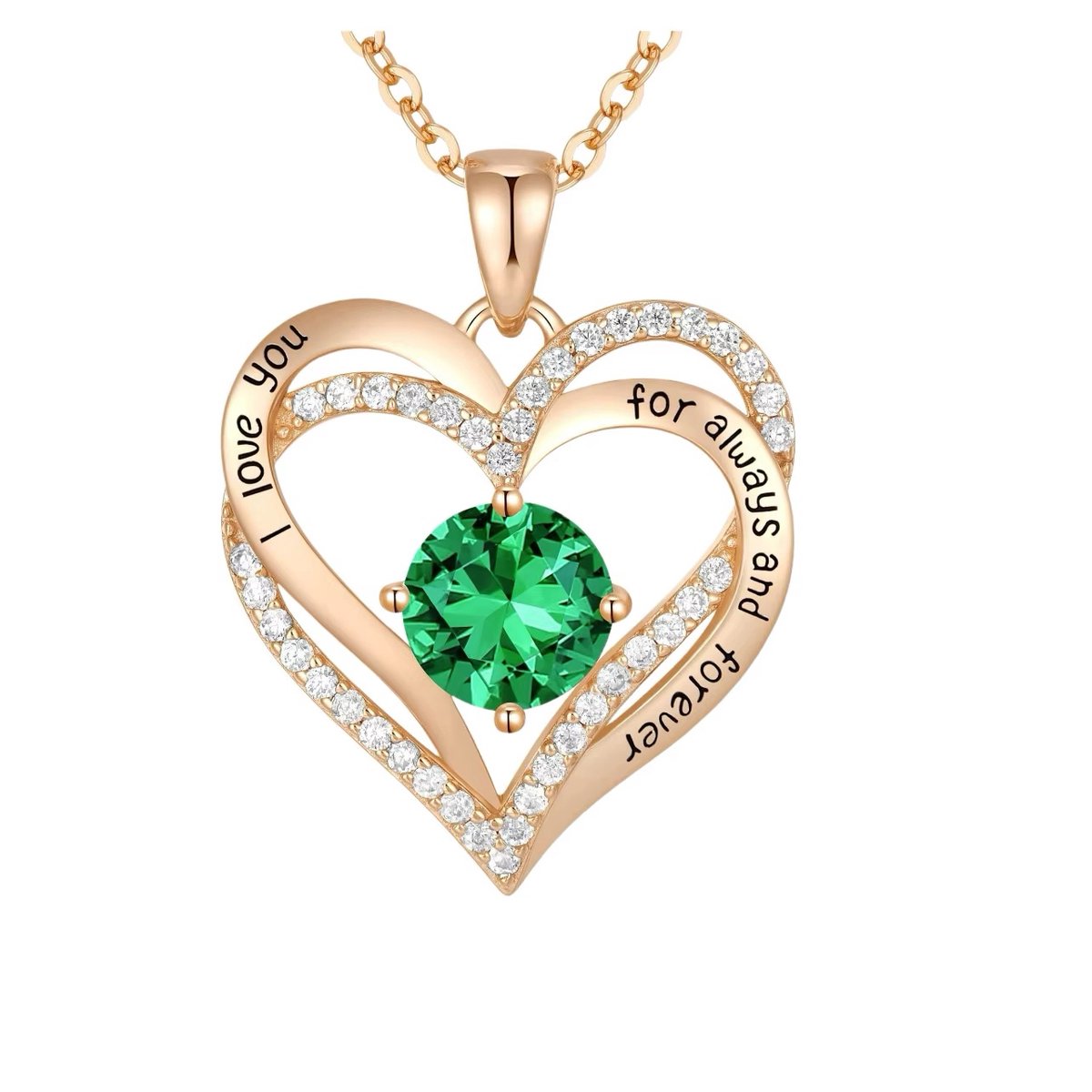 Lumici® | Hart in Hart v2 - I Love You Ketting - ''For Always And Forever'' - Stainless Steel Sieraden - RVS - Hartjes Ketting - Cadeau Voor Vrouwen - Moederdag Cadeau - Dames Ketting - Collier - Valentijn - Liefde - Rose Goud & Zilver - Groene Steen