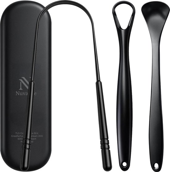 Nuvance Professionele Tongschraper - 3 in 1 Set - voor Mondverzorging - Tongreiniger - Tong Schraper - Tongue Scraper - RVS - Zwart