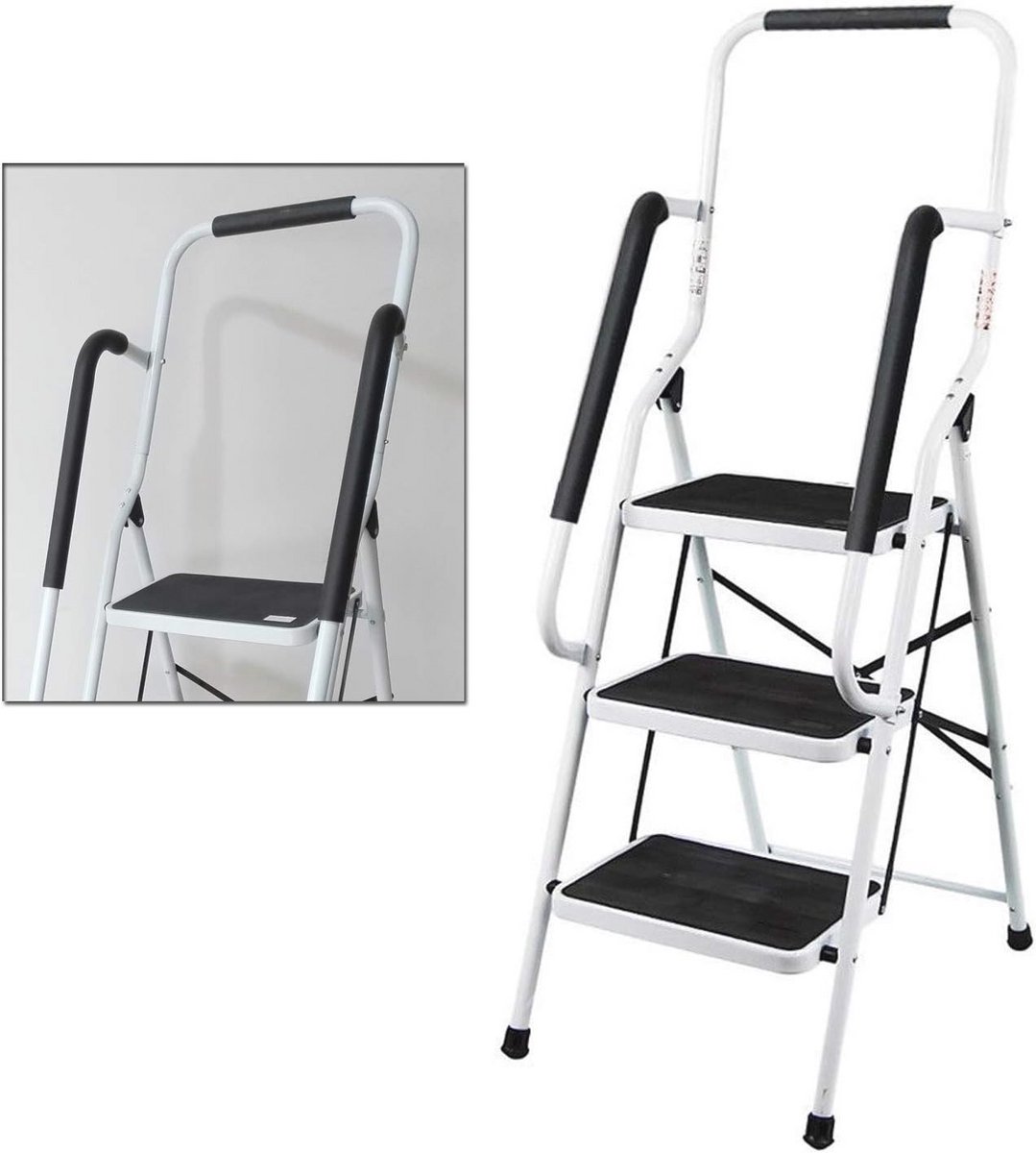 3-Treppenladder met Veiligheid Leuning en Antislip Loopvlak voor Thuis en Garage