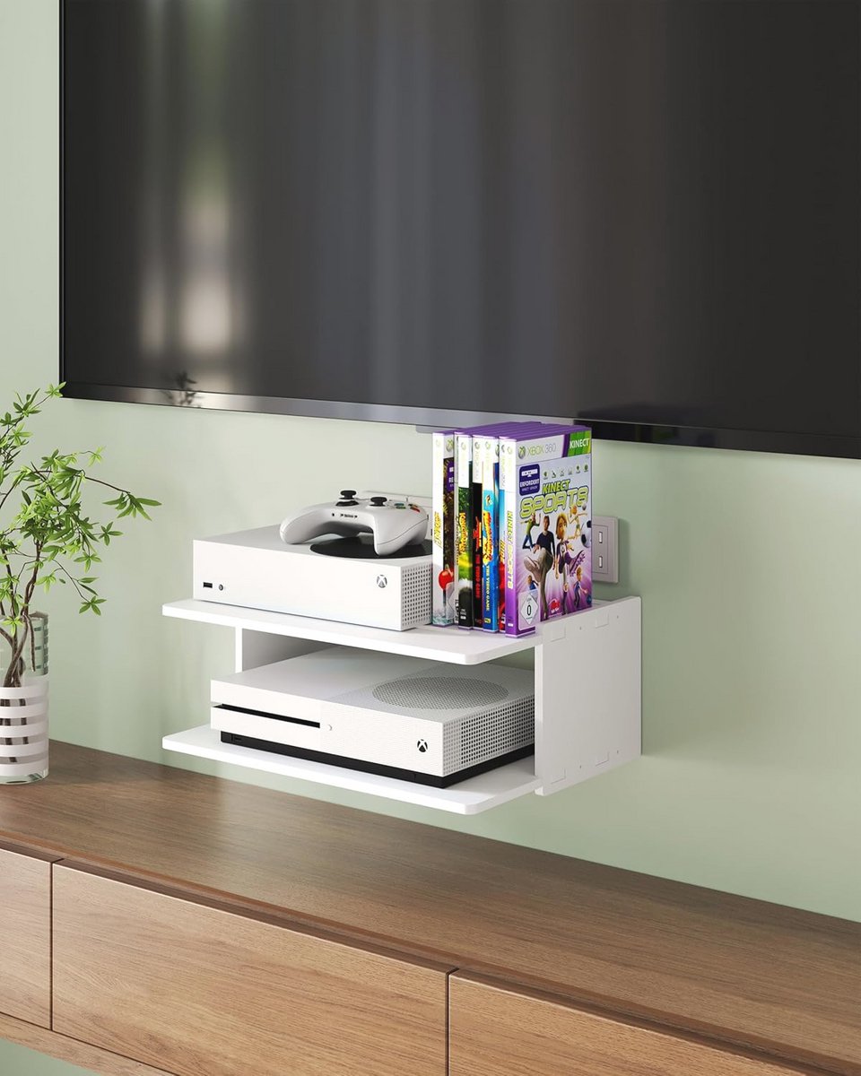Moderne wandgemonteerde metalen zwevende plank voor gaming consoles en entertainment apparatuur
