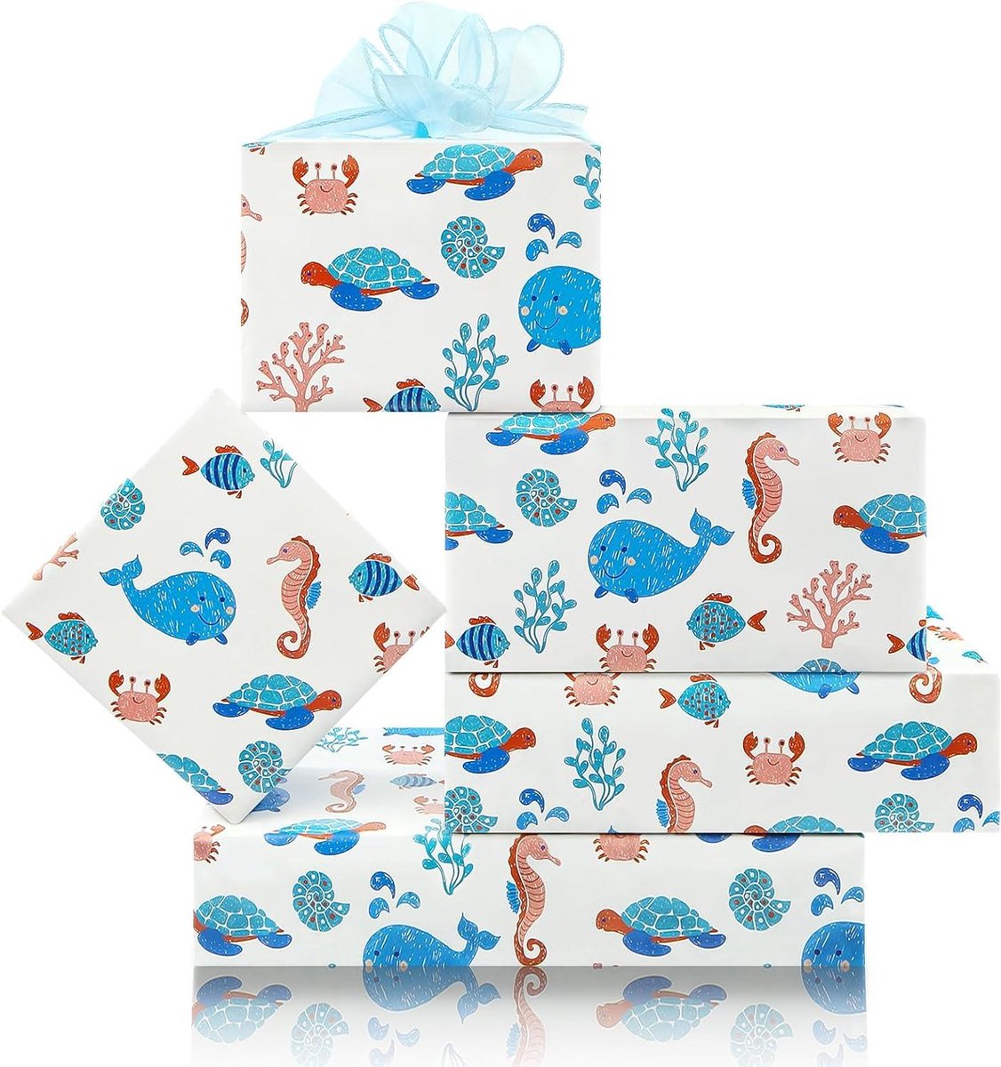 Allecta - Inpakpapier voor verjaardag jongens meisjes kinderen - krab walvis zeepaardje schildpad vis koraal - 4 vellen 50x70 cm per vel - verjaardag babyshower Kerstmis feestdagen