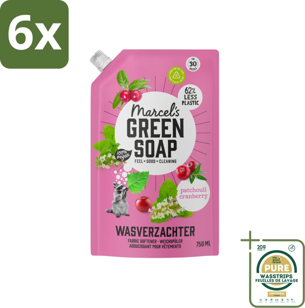 Marcel’s Green Soap – Wasverzachter – Patchouli & Cranberry - Navulling – 750 ml - Voordeelverpakking - 6 stuks - Patchouli - Cranberry