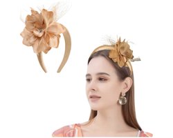Mooie Handgemaakte Bloem Fascinator met Veren Gaas -diadeem/tiara/sluier bloem haarband | Smart Casual| Gala |TeaParty| Prinsjesdag| Cocktail Kleur Beige