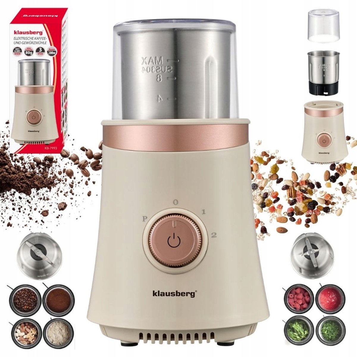 KLAUSBERG KB-7993 Elektrische 2-in-1 Koffie- en Kruidenmolen – 200W – RVS Bekers – Droog & Nat Malen – 3 Snelheden – 80g Capaciteit – beige/Koper