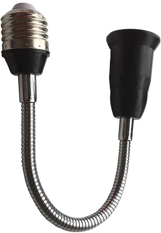 Un adaptateur d'extension de lampe E27 flexible avec un tuyau métallique, avec une connexion de douille de lampe des deux côtés.