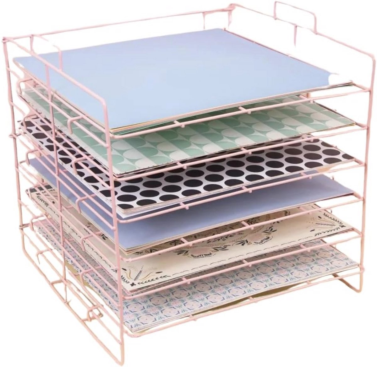 Metalen Organiser Tray met 6 Planken voor Scrapbooking en Knutselmaterialen - Roze