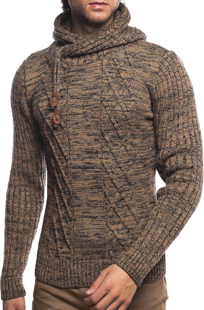 Gebreide trui met sjaalkraag voor heren - Camel-Navy - Maat L