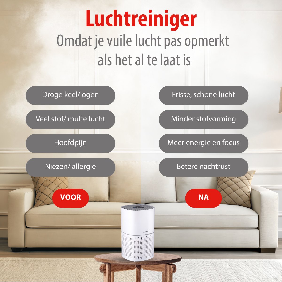 alpina Luchtreiniger met Ionisator - Air Purifier met HEPA Filter H11 - CADR: 240 m³/h - Air Cleaner voor Ruimtes tot 28 m² — afbeelding 5