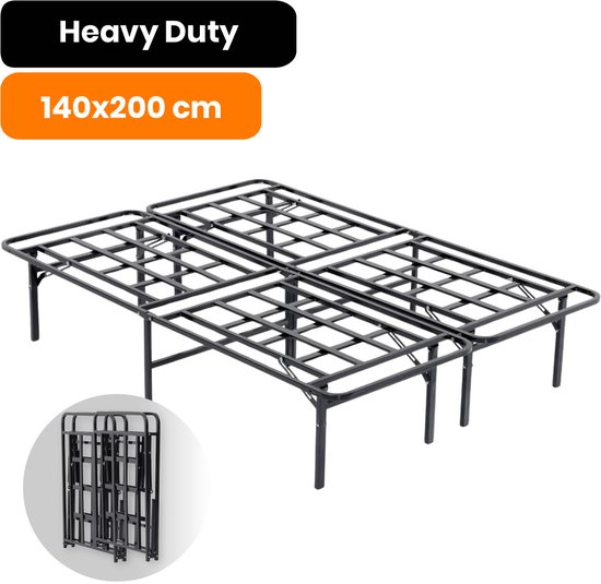 Zwaar metalen bedframe 140x200 cm, compact op te bergen.