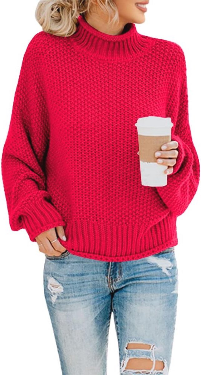 Dames oversized coltrui met lange vleermuismouwen - Grof gebreid en los