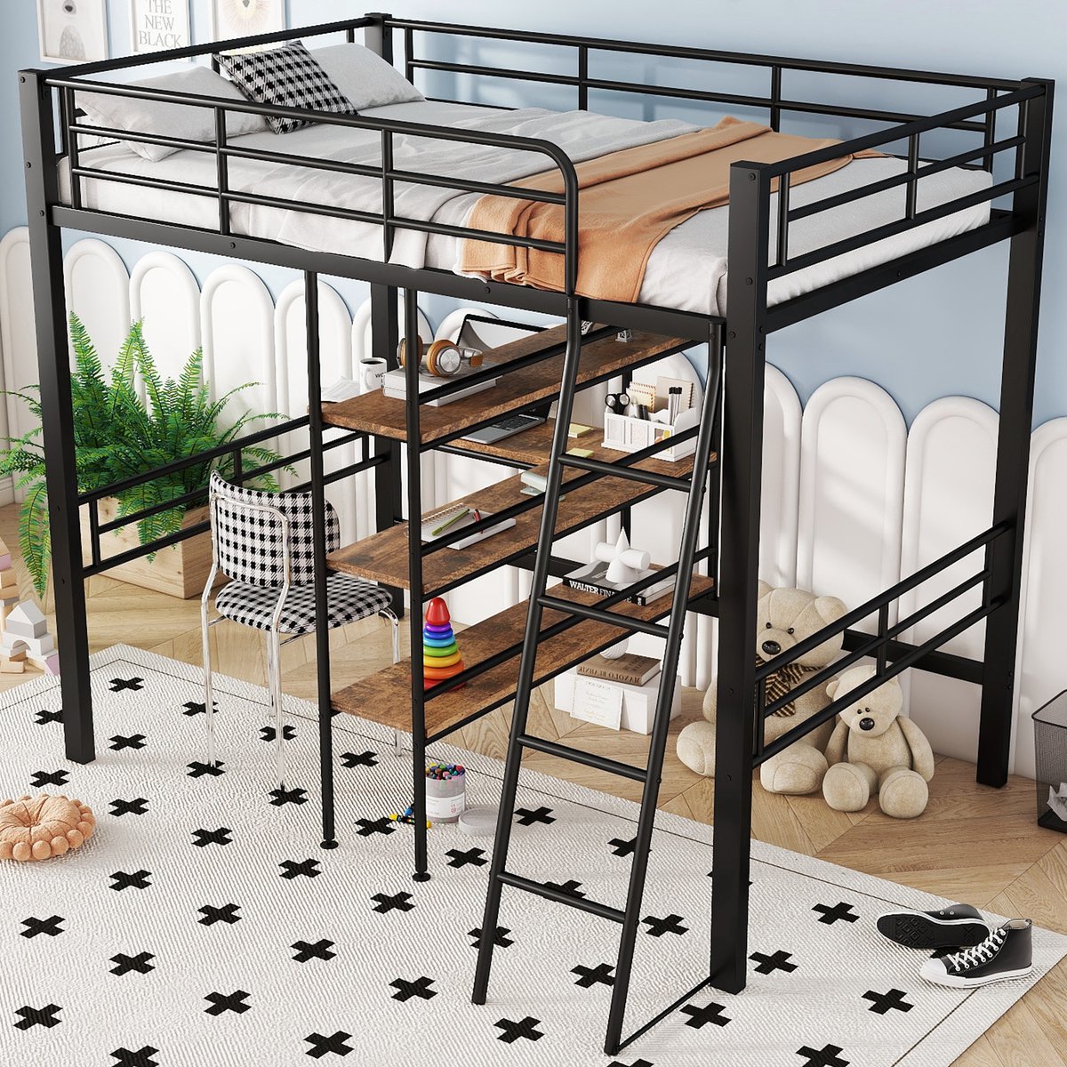 MODFU Bedframe 90x200 cm – Hoogslaper met bureau, planken en reling – EN747-gecertificeerd – Stabiel metaal – Zwart