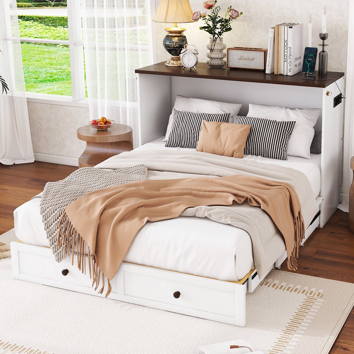 MODFU Bedframe 140x200 cm van massief grenen en MDF, ombouwbaar met lades, hoofdeinde met rek en USB-aansluiting