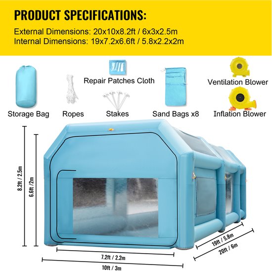 Draagbare Opblaasbare Spuitcabine, 20x10x8.2ft Opblaasbare Spuitcabine, Autolaktent met Luchtfiltersysteem En 2 Blowers, Verbeterde Opblaasbare Spuitcabinetent van ZieMeeZo — afbeelding 5