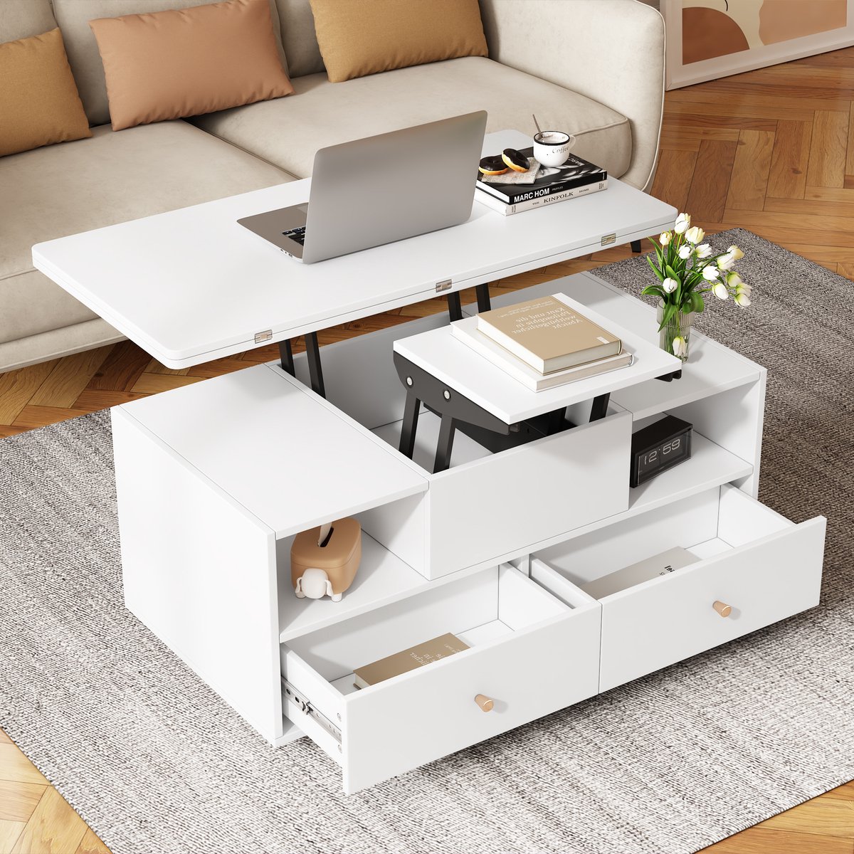 Verstelbare salontafel 100 x 50 x 47,5 cm - opvouwbare theetafel met lade - sofatafel met zwenkwielen - wit
