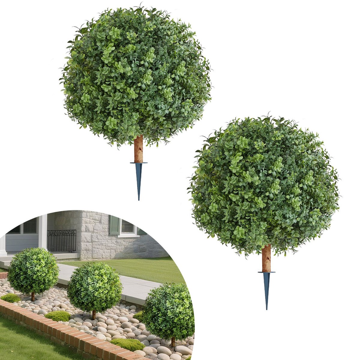 Kunstmatige buxusbomen - Kunstbuxus set van 2 - Met grondpen - Hoogte 55,9 cm - Voor buiten & binnen - Groen