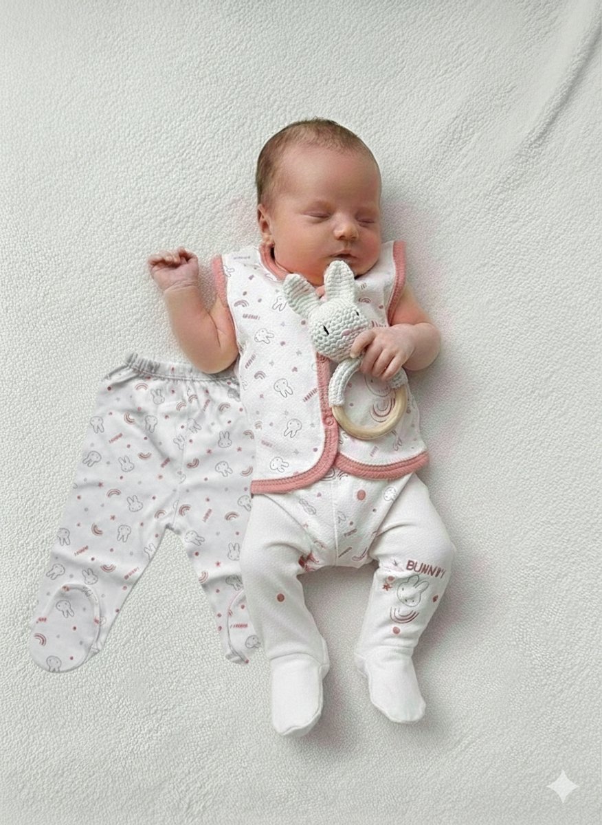 Maminobaby.nl | Bunny | Baby Geschenkset meisjes | Vest | Broekjes | Handmade Bijtring | Handmade speenkoord | Handmade haarclip | Kraamcadeau | Babyshower