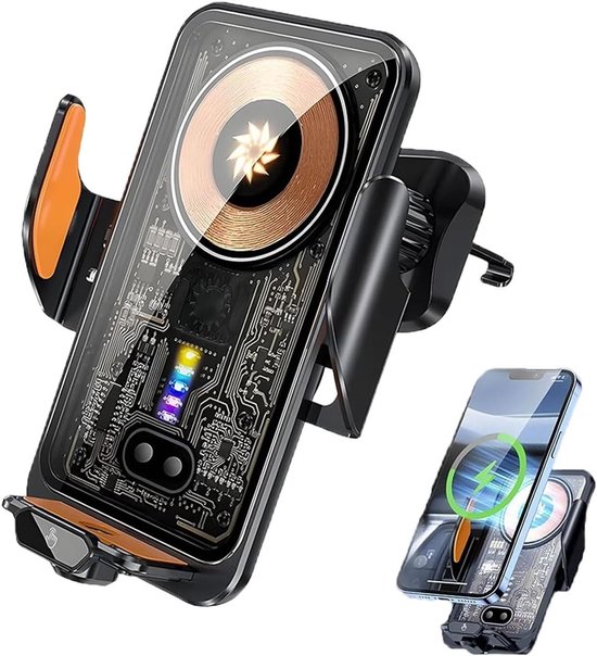 Auto telefoonhouder - Draadloze autolader - 6*11cm -66W draadloos snelladen - magnetisch automatisch inductieladen - universeel voor alle mobiele telefoons - voorzien van magnetische interface en siliconen oplaadpad