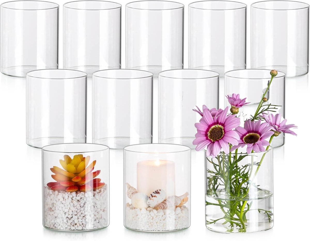IMPERATORIS® Glazen Vazen / Glazen Flessen – Mini Decoratieve Vaas Flesjes – Helder Glas – Inclusief Strik – 12 Stuks – 8.5 x 10 cm – Transparant