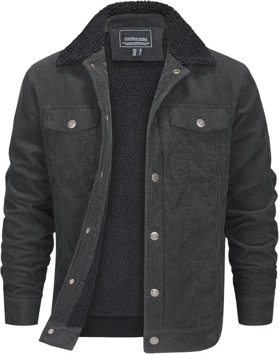 Grijze corduroy truckerjack met teddy voering, open aan de voorkant, met label.