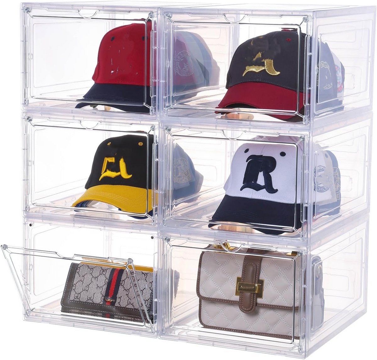 Transparante Hoedorganizer Set van 6 - Stapelbare Hoedenhouder met Magnetische Deur