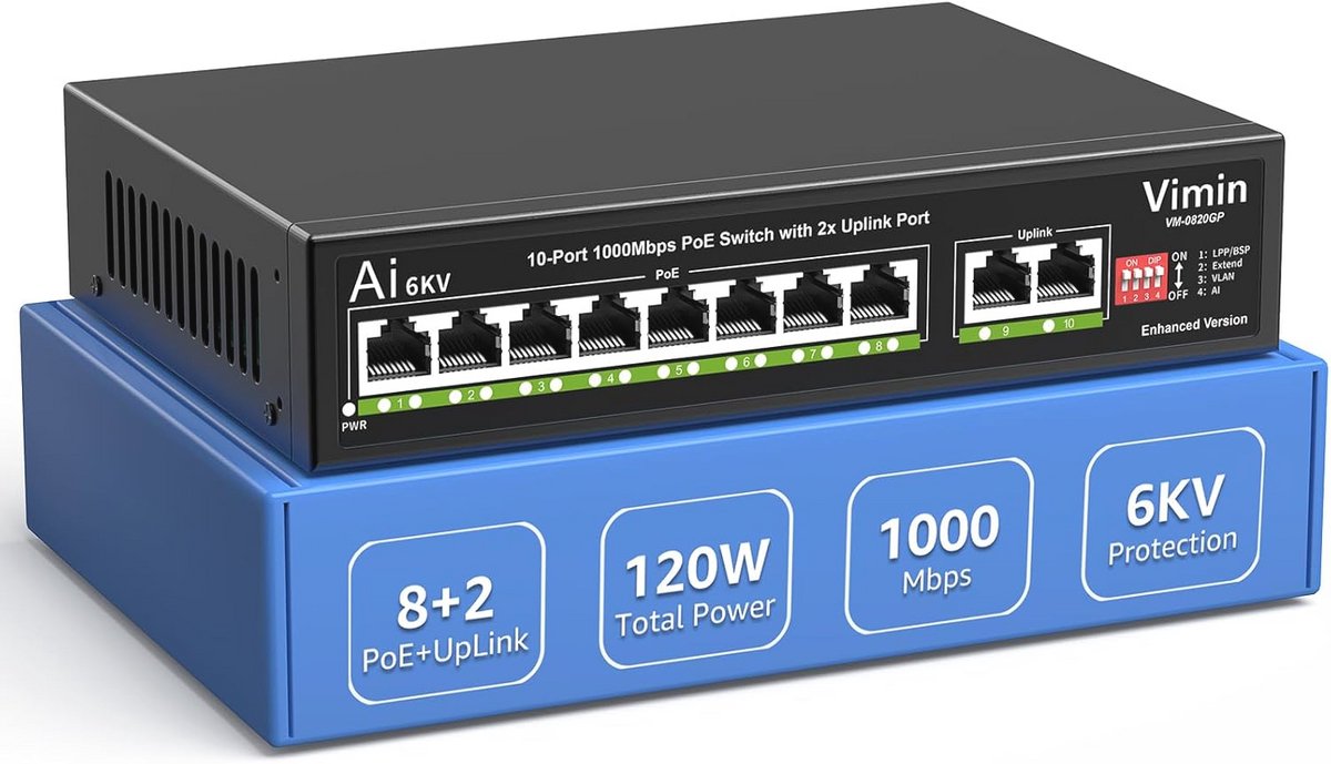 10-poorts Gigabit PoE-switch met 8 PoE-poorten en AI Watchdog voor Netwerken